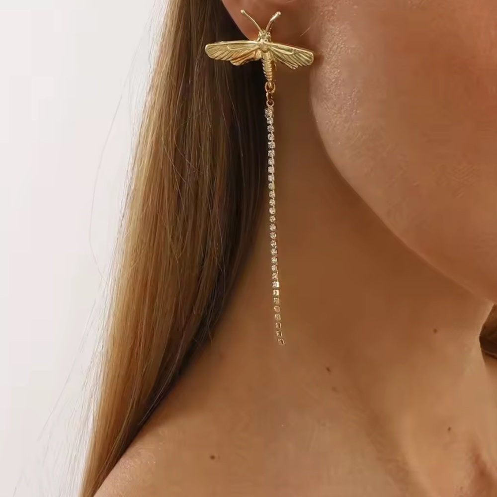 Zara Vintage Metal Dragonfly Rhinestone Tassel Dangling Earrings - Picture 3 of 6